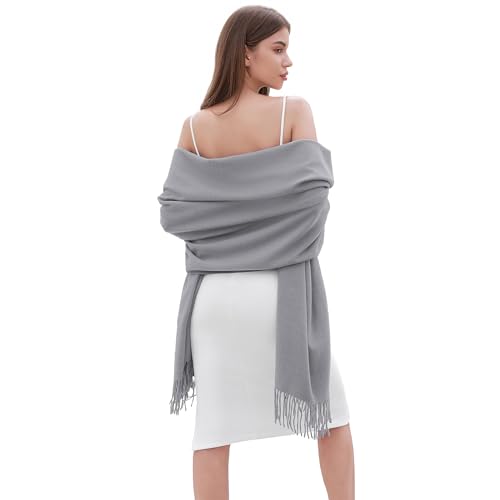 RIIQIICHY Damen Schal Grau Stola Festlich für Abendkleid Pashmina Schals Tücher für Frauen Hochzeit Schultertuch Frühling Winter Schal Warme Kuschelig von RIIQIICHY