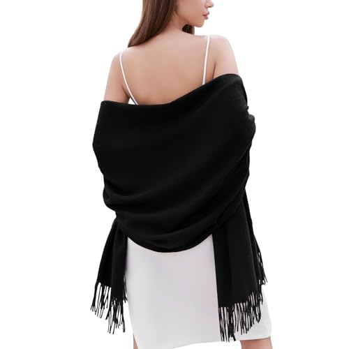 RIIQIICHY Damen Schal Schwarz Stola Festlich für Abendkleid Pashmina Schals Tücher für Frauen Hochzeit Schultertuch Frühling Winter Schal Warme Kuschelig von RIIQIICHY