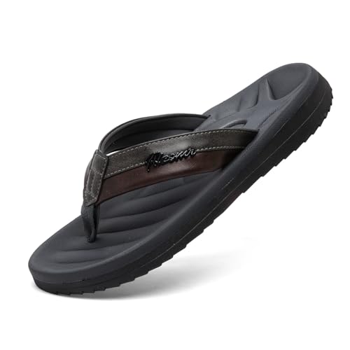 RIKANR Herren Flip Flops Sandalen Casual Bequeme Outdoor Thong Sandalen für Männer Sommer Strand Slides Leichte rutschfeste Schuhe mit weichem Kissen Fußgewölbeunterstützung, Vier-Grau, 44 EU von RIKANR