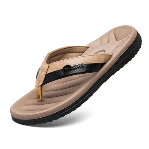 RIKANR Herren Flip Flops Sandalen Casual Bequeme Outdoor Thong Sandalen für Männer Sommer Strand Slides Leichte rutschfeste Schuhe mit weichem Kissen Fußgewölbeunterstützung, Vier-Khaki, 38 EU von RIKANR