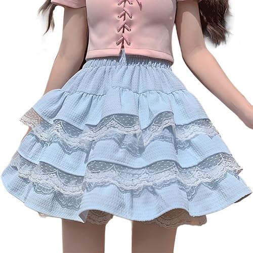 RILGOU Harajuku Lolita Kawaii Gothic Casual Style A-Linie Elastische Hohe Taille Niedliche Spitze Trim Rüschen Stufig Kurzer Rock, Blau, Mittel von RILGOU