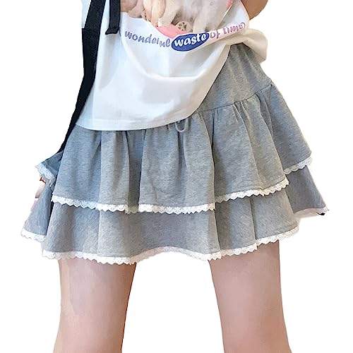 RILGOU Harajuku Lolita Kawaii Gothic Casual Style Elastic Waisted Soft Vintage Ribbon Lace Trim Layered Short Skirt, Grau, Klein von RILGOU
