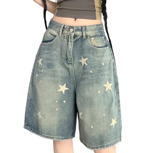 RILGOU Y2K Gothic Aesthetic Vintage Casual High Rise Wide Leg Loose Distressed Cute Star Print Jeans Bermuda Shorts, Blau, X-Groß von RILGOU