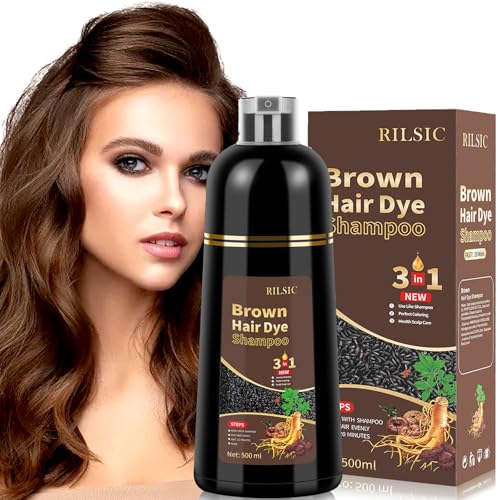 500ML Haarfärbeshampoo Braun, Farbshampoo für Graue Haare,Brown Hair Dye Shampoo 3in1, Haarfarbe Shampoo Gegen Graue Haare, Anti Grau Effekt Instant Brown Dye Für Männer Fraue (Braun) von RILSIC