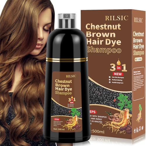 500ML Haarfärbeshampoo Kastanie, Farbshampoo für Graue Haare,Chestnut Hair Dye Shampoo 3in1, Haarfarbe Shampoo Gegen Graue Haare, Anti Grau Effekt Instant Chestnut Dye Für Männer Fraue (Kastanie) von RILSIC