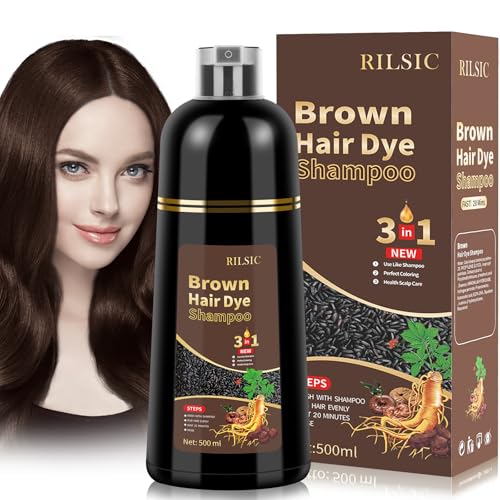 Haarfarbe Braune, Haarfärbeshampoo Braune für Graues Haar, Brown Hair Dye Shampoo 3-in-1 Haarfarbe, Natürliches Haarfärbeshampoo, Sofort-Haarfarben-Shampo für Männer Frauen (Brown) von RILSIC