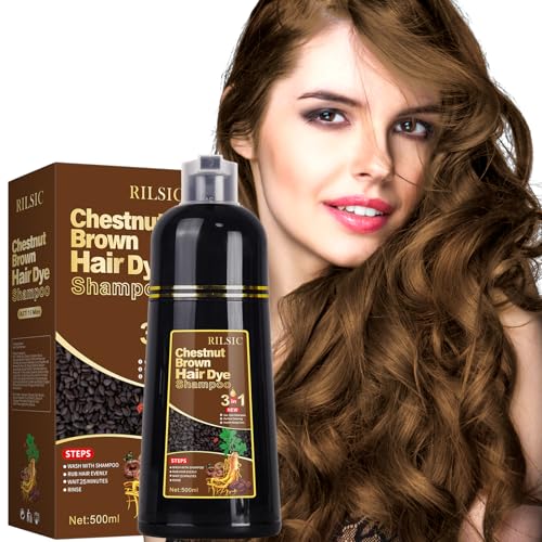 Haarfarbe Kastanienbraun, Haarfärbeshampoo für Graues Haar, Hair Dye Shampoo 3-in-1 Haarfarbe, Natürliches Haarfärbeshampoo, Sofort-Haarfarben-Shampo für Männer Frauen (Kastanienbraun) von RILSIC