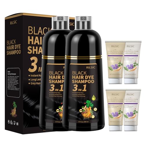 RILSIC 1000ml Haarfärbeshampoo & 100ml Haarshampoo & 100ml Haarkonditionierer, Sofort Haarfarbe Shampoo 3in1 Gegen Graue Haare,Natürlich-Langanhaltend Hair Dye Shampoo für Männer Frauen (Schwarz) von RILSIC