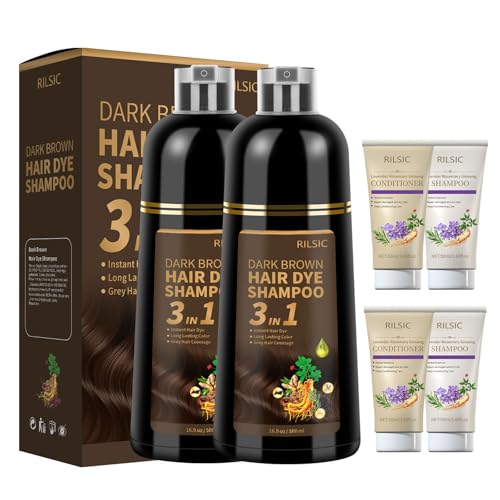 RILSIC 1000ml Haarfärbeshampoo & 100ml Haarshampoo & 100ml Haarkonditionierer, Sofort Haarfarbe Shampoo 3in1 Gegen Graue Haare,Natürlich-Langanhaltend Hair Dye Shampoo für Männer Frauen (Dunkelbraun) von RILSIC
