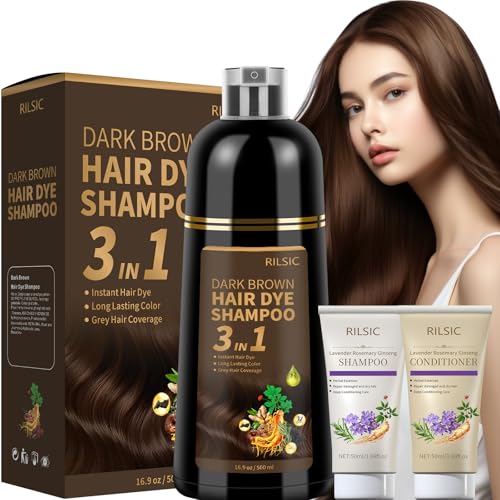 RILSIC Haarfärbeshampoo 3in1 Gegen Graue Haare, 500ml Sofort Haarfarbe Shampoo & 50ml Haarshampoo & 50ml Conditioner, Natürlich und Langanhaltend Hair Dye Shampoo für Männer und Frauen (Dunkelbraun) von RILSIC
