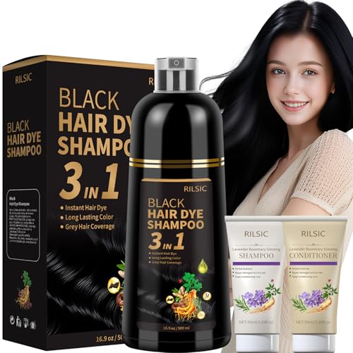 RILSIC Haarfärbeshampoo Schwarz 3in1 Gegen Graue Haare, 500ml Sofort Haarfarbe Shampoo & 50ml Haarshampoo & 50ml Conditioner, Natürlich und Langanhaltend Hair Dye Shampoo für Männer Frauen (Schwarz) von RILSIC