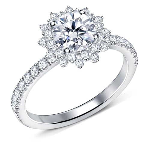 Eleganter, runder Moissanit-Verlobungsring mit 2 Karat, mit seitlichen Zirkonia-Akzenten in versilberter Fassung, Größe 5 bis 13, Small, Edelstein, Moissanit von RINGJEWEL