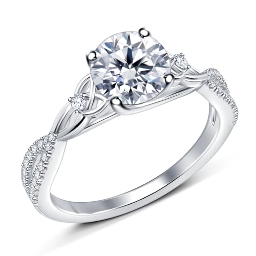 Eleganter 2 Karat Moissanit-Verlobungsring mit seitlichem Zirkonia in versilberter Fassung – runder VVSI-Mittelstein | Größe 5 bis 13, Small, Edelstein, Moissanit von RINGJEWEL