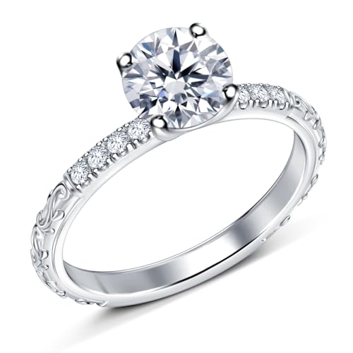 Eleganter Moissanit-Verlobungsring mit rundem VVSI-weißem Mittelstein und CZ-Akzenten in versilberter Fassung, 2 Karat, Größe 5 bis 13, Small, Edelstein, Moissanit von RINGJEWEL