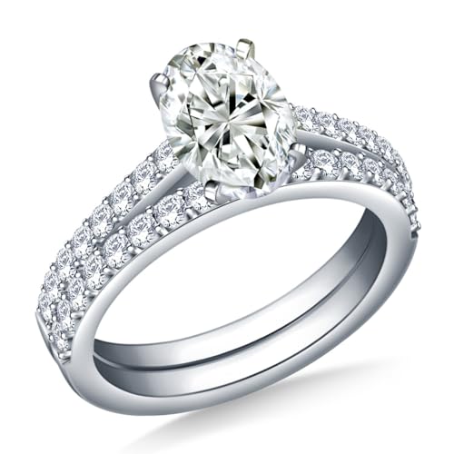 Eleganter ovaler Moissanit-Ring mit Zirkonia-Seitensteinen in versilberter Fassung, 2 Karat Gesamtgewicht | Größe 5 bis 13, Small, Edelstein, Moissanit von RINGJEWEL