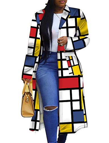 Damen Farbige Geo Umlegekragen Trenchcoat Bunte Oberbekleidung Cardigan Lange Blazer Jacke, Mehrfarbig, XXL von RINTONIX