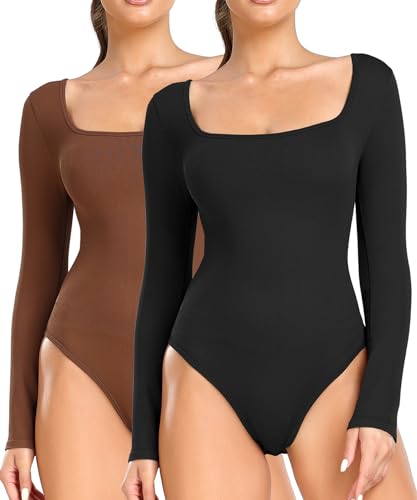 RIOJOY 2er Pack Damen Langarm Body Elegant U-Ausschnitt Bodysuit Oberteil Braun Schwarz M von RIOJOY