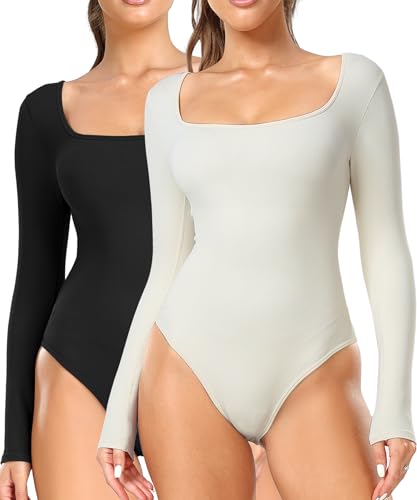 RIOJOY 2er Pack Damen Langarm Body Elegant U-Ausschnitt Bodysuit Oberteil Schwarz Beige L von RIOJOY