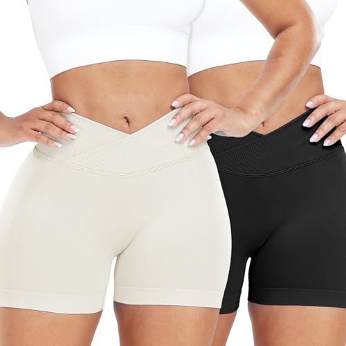 RIOJOY 2er Pack V Cross Waist Sport Shorts Damen Scrunch Gym Shorts Kurze Leggings Hose Schwarz Beige XL von RIOJOY