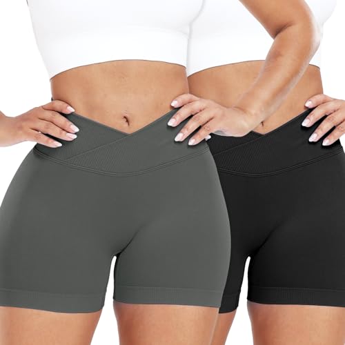 RIOJOY 2er Pack V Cross Waist Sport Shorts Damen Scrunch Gym Shorts Kurze Leggings Hose Schwarz Grau L RIOJOY 2er Pack V Cross Waist Sport Shorts Damen Scrunch Gym Shorts Kurze Leggings Hose Schwarz Grau L von RIOJOY