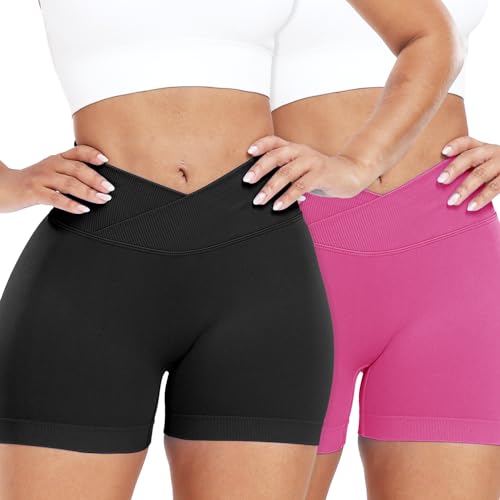 RIOJOY 2er Pack V Cross Waist Sport Shorts Damen Scrunch Gym Shorts Kurze Leggings Hose Schwarz Rosarot L von RIOJOY
