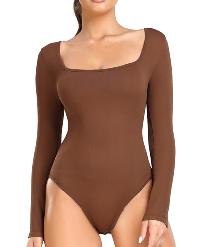 RIOJOY Body Damen Langarm Elegant U-Ausschnitt Bodysuit Shapewear Oberteil Tops für Alltag Braun L von RIOJOY