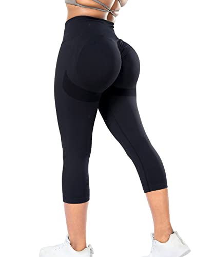 RIOJOY Capri Sport Leggings Damen 3/4 High Waist Push Up Booty Seamless Leggings für Gym Fitness Yoga Workout, Schwarz L von RIOJOY