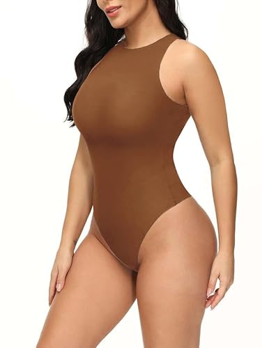 RIOJOY Damen Bodysuit Elegant Sexy Ärmellos Racerback Rundhals Body Overall Body Suit,M,Braun von RIOJOY