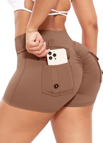 RIOJOY Damen Gym Shorts Booty Scrunch Sport Shorts V Cross Waist Kurze Leggings Hose mit Tasche Braun M von RIOJOY
