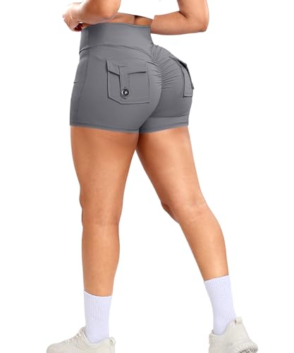 RIOJOY Damen Gym Shorts Booty Scrunch Sport Shorts V Cross Waist Kurze Leggings Hose mit Tasche Grau L von RIOJOY