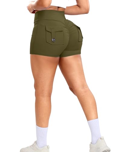 RIOJOY Damen Gym Shorts Booty Scrunch Sport Shorts V Cross Waist Kurze Leggings Hose mit Tasche Olivgrün M von RIOJOY