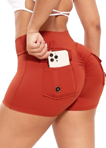 RIOJOY Damen Gym Shorts Booty Scrunch Sport Shorts V Cross Waist Kurze Leggings Hose mit Tasche Rot M von RIOJOY