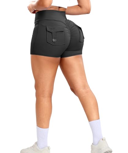 RIOJOY Damen Gym Shorts Booty Scrunch Sport Shorts V Cross Waist Kurze Leggings Hose mit Tasche Schwarz L von RIOJOY