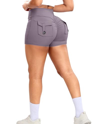 RIOJOY Damen Gym Shorts Booty Scrunch Sport Shorts V Cross Waist Kurze Leggings Hose mit Tasche Violett S von RIOJOY