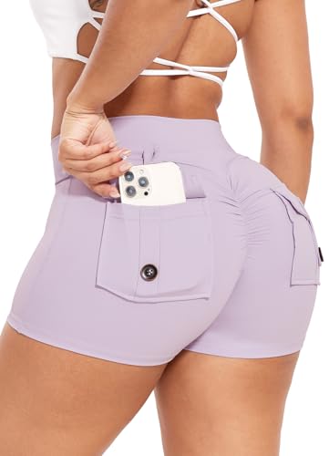 RIOJOY Damen Gym Shorts Booty Scrunch Sport Shorts V Cross Waist Kurze Leggings Hose mit Tasche Violett S von RIOJOY