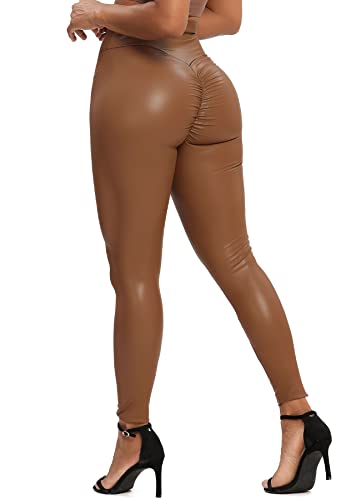 RIOJOY Damen High Waist LederLeggings Sexy Butt Scrunch Booty Leder Leggings Lederhose, Braun S von RIOJOY