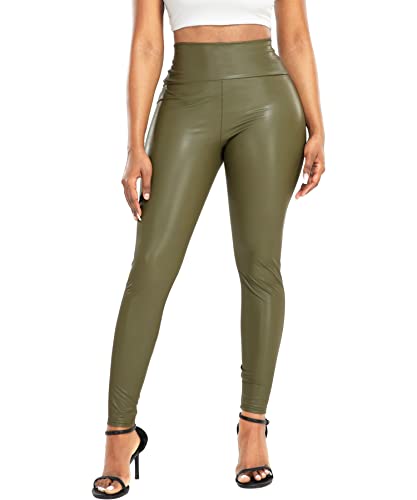 RIOJOY Damen High Waist Lederleggings Schwarz Kunstleder Leggins Sexy Lederoptik Leggings Hose, Olivgrün L von RIOJOY