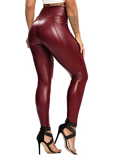 RIOJOY Damen High Waist Lederleggings Sexy Lederoptik Leggings Kunstleder Leggins Hose mit Seitentasche, Rot M von RIOJOY