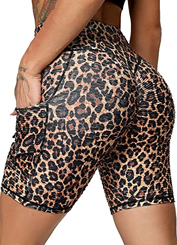 RIOJOY Damen Kurze Leggings, Push Up Booty Sport Shorts mit Taschen, High Waist Scrunch Butt Leggins Sporthose für Yoga Fitness Gym, Leopard Optik 36/38 von RIOJOY