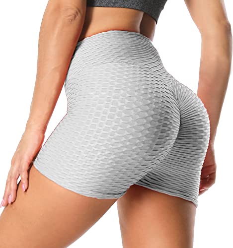 RIOJOY Damen Kurze Leggings Push Up Po Sport Shorts High Waist Anti Cellulite Booty Leggins Sporthose Radlerhose, Hellgrau XL von RIOJOY