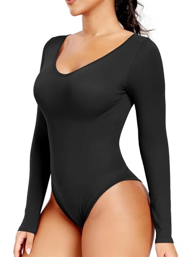 RIOJOY Damen Langarm Body Elegant V-Ausschnitt Sexy Bodysuit Shapewear Oberteil für Alltag Schwarz M von RIOJOY