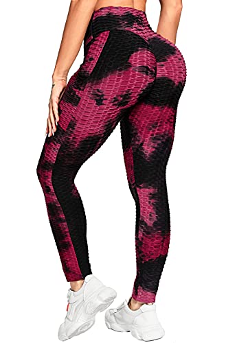 RIOJOY Damen Push Up Leggings mit Taschen, High Waist Anti Cellulite Booty Leggings für Sport Yoga Fitness, Rot S von RIOJOY