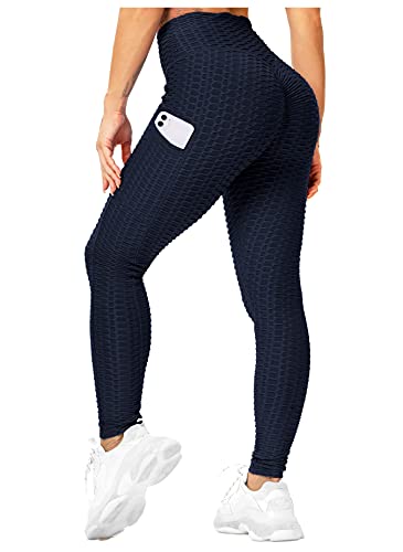 RIOJOY Damen Push Up Leggings mit Taschen, High Waist Anti Cellulite Booty Leggins für Sport Yoga Fitness, Dunkelblau S von RIOJOY