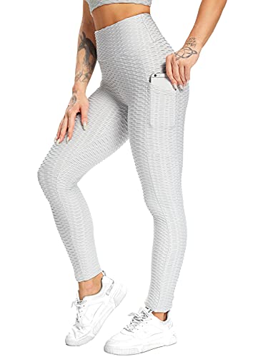 RIOJOY Damen Push Up Leggings mit Taschen, High Waist Anti Cellulite Booty Leggins für Sport Yoga Fitness, Hellgrau M von RIOJOY