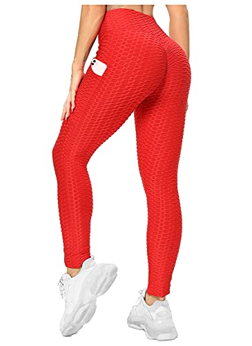 RIOJOY Damen Push Up Leggings mit Taschen, High Waist Anti Cellulite Booty Leggins für Sport Yoga Fitness, Rot 28/30 von RIOJOY