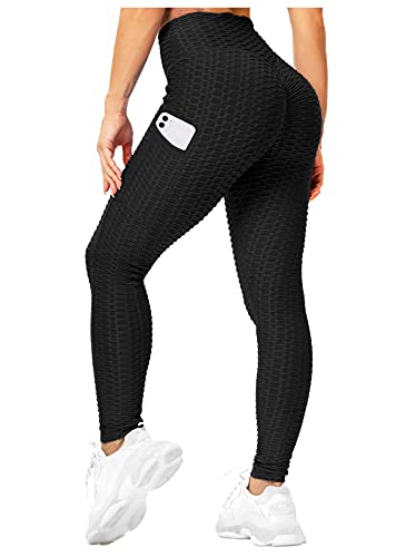 RIOJOY Damen Push Up Leggings mit Taschen, High Waist Anti Cellulite Booty Leggins für Sport Yoga Fitness, Schwarz 28/30 von RIOJOY