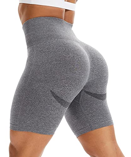 RIOJOY Damen Seamless Booty Shorts Kurze Leggings High Waist Push Up Po Sportleggins für Gym Fitness Workout Yoga, Hellgrau S von RIOJOY