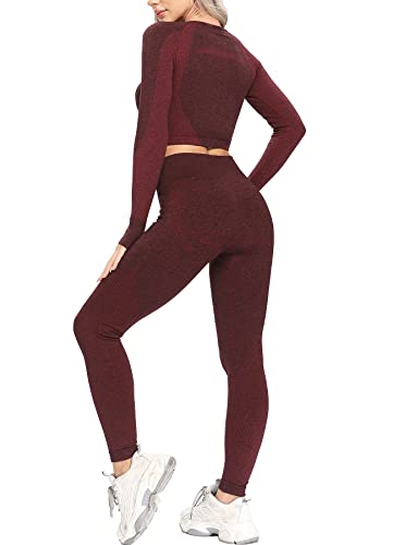 RIOJOY Damen Sportanzug Sport Outfit Seamless Workout Fitness Set, Leggings mit Crop Top Oberteil Zweiteiler Trainingsanzug Jogginganzug, Weinrot L von RIOJOY