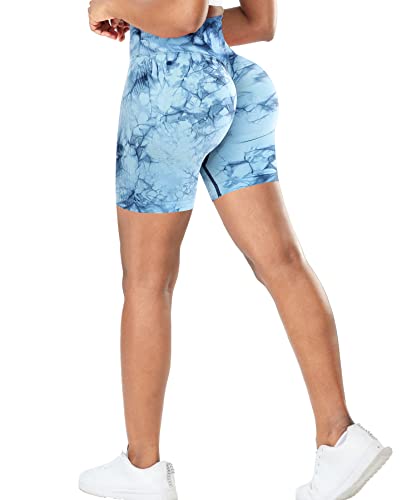 RIOJOY Kurze Leggings Damen Push Up Booty Sport Shorts High Waist Seamless Scrunch Butt Sportleggins für Gym Fitness Workout Yoga, Batik Blau L von RIOJOY