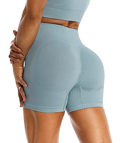 RIOJOY Kurze Leggings Damen Push Up Booty Sport Shorts High Waist Seamless Scrunch Butt Sportleggins für Gym Fitness Workout Yoga, Blaugrau L von RIOJOY